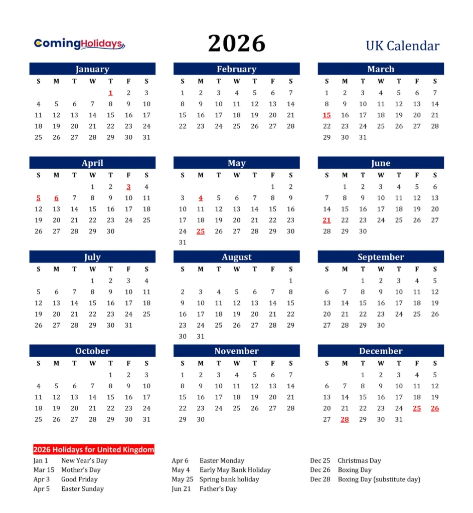 2026 Calendar UK with Bank Holidays