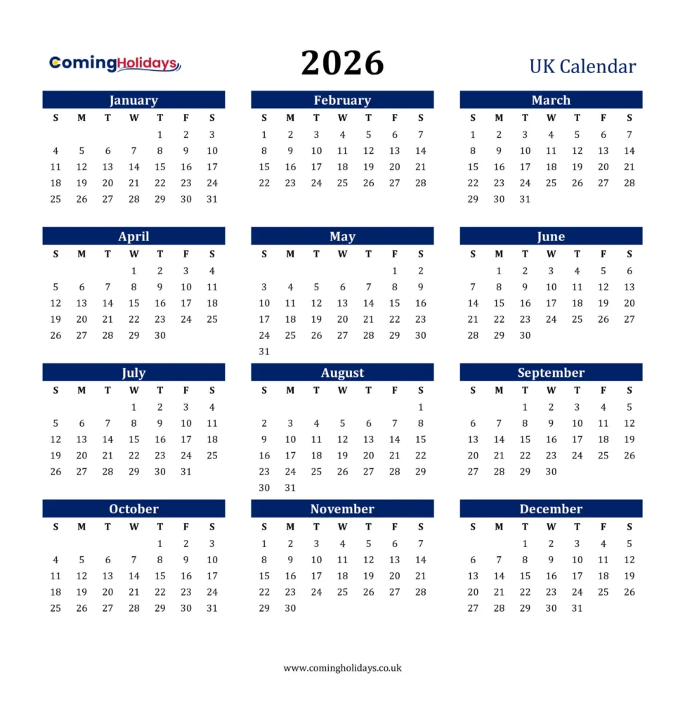 2026 Calendar UK Printable